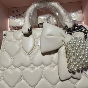 Betsey Johnson Ivory Quilted Heart Satchel with Bow & Pearl Cluster
